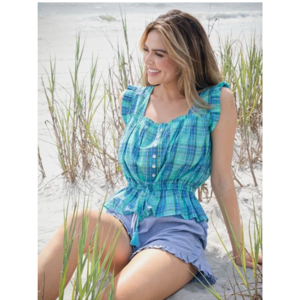 NWT Simply Southern Women's Large Blue Green Plaid Smocked Sleeveless Blouse Top